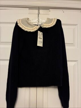 Zara NWT Frill Peter Pan Rhinestone Collar Navy Knit Jumper Sweater S 9598
